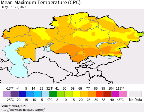 Kazakhstan Mean Maximum Temperature (CPC) Thematic Map For 5/15/2023 - 5/21/2023