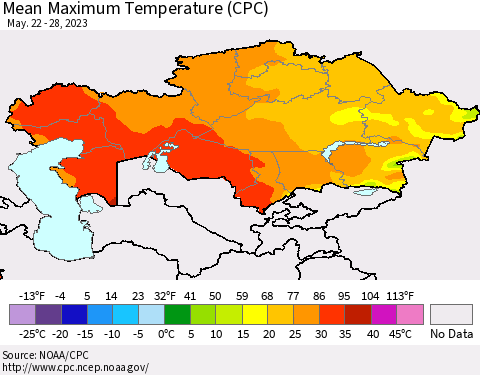 Kazakhstan Mean Maximum Temperature (CPC) Thematic Map For 5/22/2023 - 5/28/2023