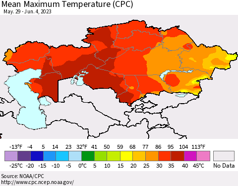 Kazakhstan Mean Maximum Temperature (CPC) Thematic Map For 5/29/2023 - 6/4/2023