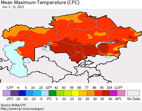 Kazakhstan Mean Maximum Temperature (CPC) Thematic Map For 6/5/2023 - 6/11/2023