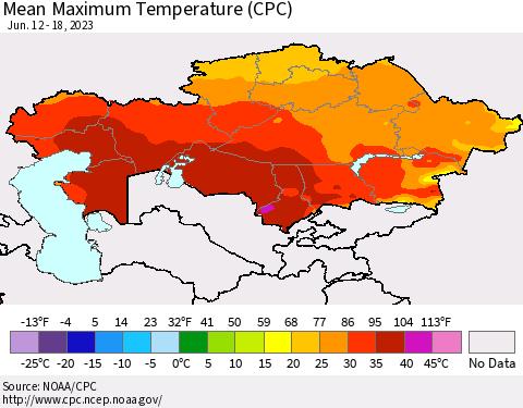 Kazakhstan Mean Maximum Temperature (CPC) Thematic Map For 6/12/2023 - 6/18/2023