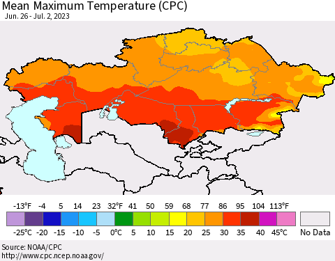Kazakhstan Mean Maximum Temperature (CPC) Thematic Map For 6/26/2023 - 7/2/2023