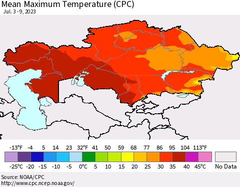 Kazakhstan Mean Maximum Temperature (CPC) Thematic Map For 7/3/2023 - 7/9/2023