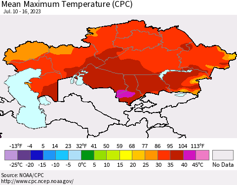 Kazakhstan Mean Maximum Temperature (CPC) Thematic Map For 7/10/2023 - 7/16/2023