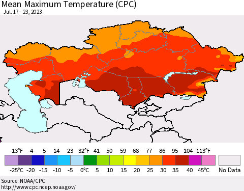 Kazakhstan Mean Maximum Temperature (CPC) Thematic Map For 7/17/2023 - 7/23/2023