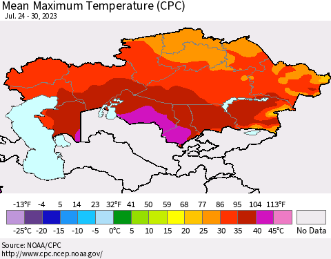 Kazakhstan Mean Maximum Temperature (CPC) Thematic Map For 7/24/2023 - 7/30/2023