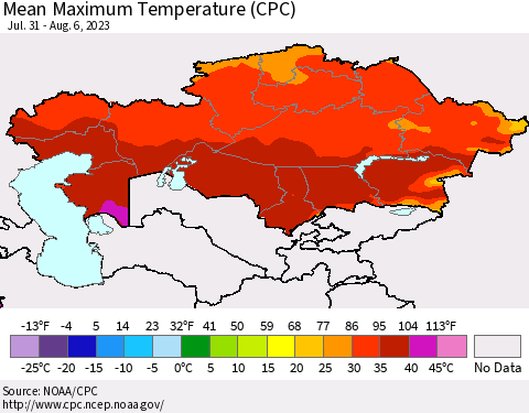 Kazakhstan Mean Maximum Temperature (CPC) Thematic Map For 7/31/2023 - 8/6/2023