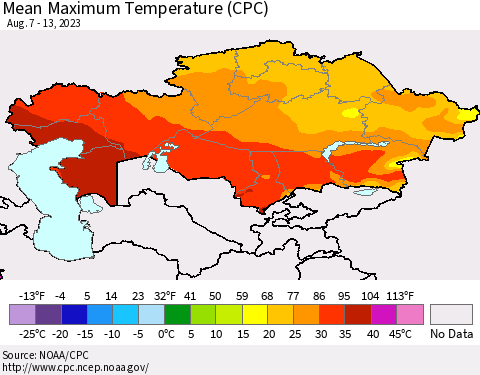 Kazakhstan Mean Maximum Temperature (CPC) Thematic Map For 8/7/2023 - 8/13/2023