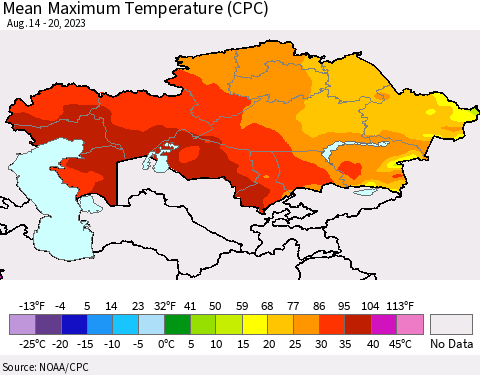 Kazakhstan Mean Maximum Temperature (CPC) Thematic Map For 8/14/2023 - 8/20/2023