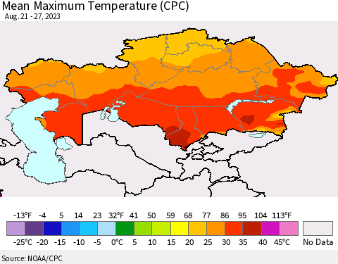 Kazakhstan Mean Maximum Temperature (CPC) Thematic Map For 8/21/2023 - 8/27/2023