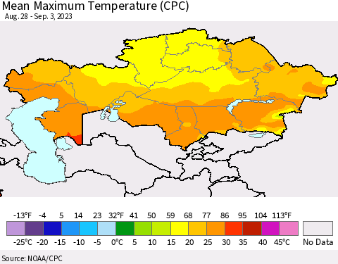 Kazakhstan Mean Maximum Temperature (CPC) Thematic Map For 8/28/2023 - 9/3/2023