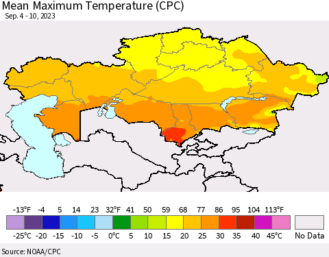 Kazakhstan Mean Maximum Temperature (CPC) Thematic Map For 9/4/2023 - 9/10/2023
