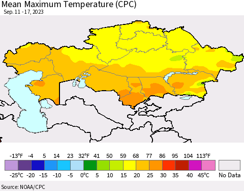 Kazakhstan Mean Maximum Temperature (CPC) Thematic Map For 9/11/2023 - 9/17/2023
