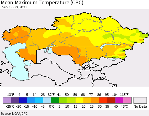 Kazakhstan Mean Maximum Temperature (CPC) Thematic Map For 9/18/2023 - 9/24/2023