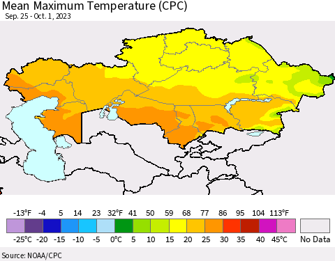 Kazakhstan Mean Maximum Temperature (CPC) Thematic Map For 9/25/2023 - 10/1/2023
