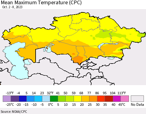 Kazakhstan Mean Maximum Temperature (CPC) Thematic Map For 10/2/2023 - 10/8/2023
