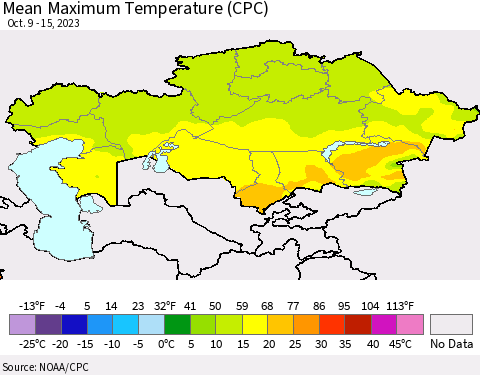Kazakhstan Mean Maximum Temperature (CPC) Thematic Map For 10/9/2023 - 10/15/2023