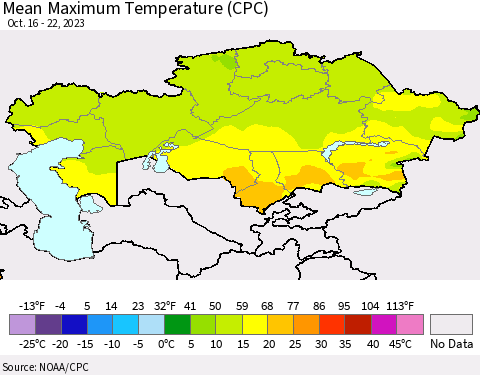Kazakhstan Mean Maximum Temperature (CPC) Thematic Map For 10/16/2023 - 10/22/2023