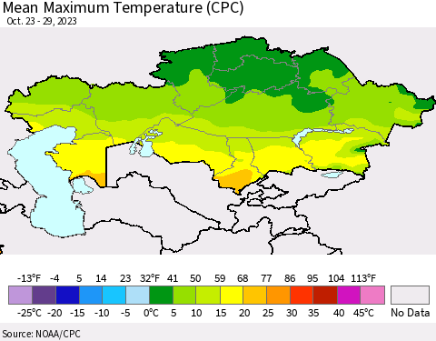 Kazakhstan Mean Maximum Temperature (CPC) Thematic Map For 10/23/2023 - 10/29/2023