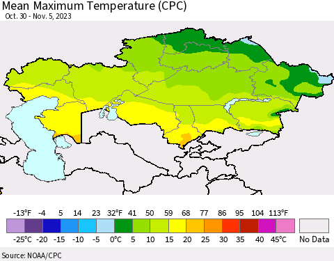Kazakhstan Mean Maximum Temperature (CPC) Thematic Map For 10/30/2023 - 11/5/2023