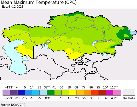 Kazakhstan Mean Maximum Temperature (CPC) Thematic Map For 11/6/2023 - 11/12/2023