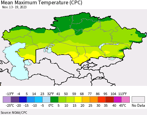 Kazakhstan Mean Maximum Temperature (CPC) Thematic Map For 11/13/2023 - 11/19/2023