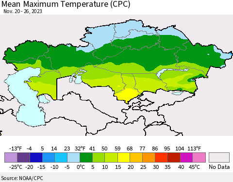 Kazakhstan Mean Maximum Temperature (CPC) Thematic Map For 11/20/2023 - 11/26/2023