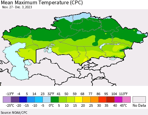 Kazakhstan Mean Maximum Temperature (CPC) Thematic Map For 11/27/2023 - 12/3/2023