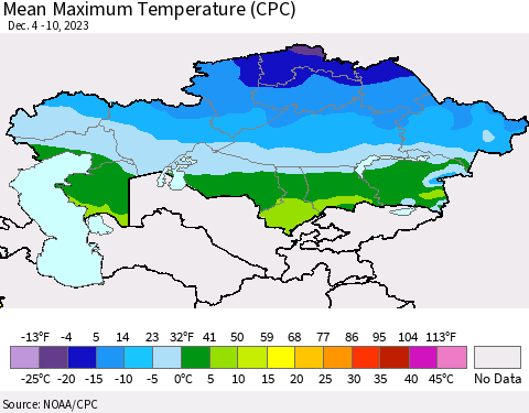 Kazakhstan Mean Maximum Temperature (CPC) Thematic Map For 12/4/2023 - 12/10/2023
