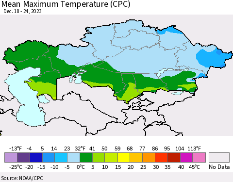 Kazakhstan Mean Maximum Temperature (CPC) Thematic Map For 12/18/2023 - 12/24/2023
