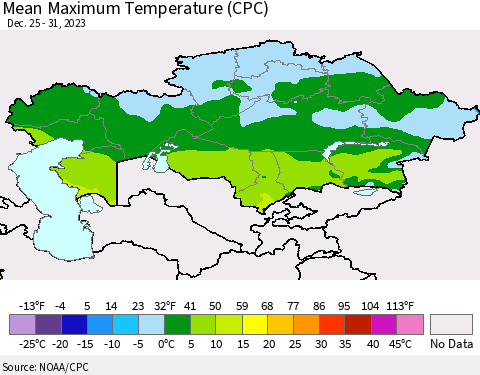 Kazakhstan Mean Maximum Temperature (CPC) Thematic Map For 12/25/2023 - 12/31/2023