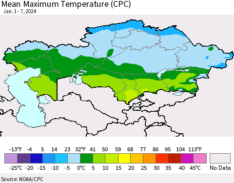 Kazakhstan Mean Maximum Temperature (CPC) Thematic Map For 1/1/2024 - 1/7/2024