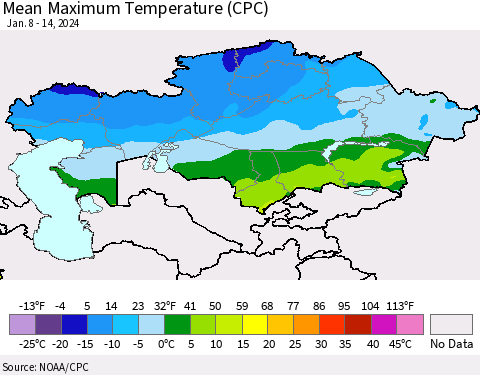 Kazakhstan Mean Maximum Temperature (CPC) Thematic Map For 1/8/2024 - 1/14/2024