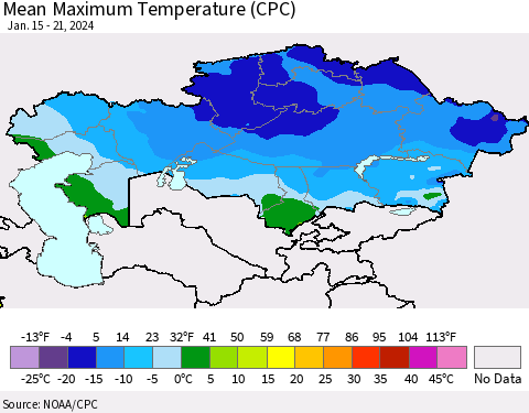 Kazakhstan Mean Maximum Temperature (CPC) Thematic Map For 1/15/2024 - 1/21/2024