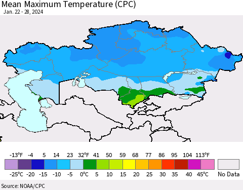 Kazakhstan Mean Maximum Temperature (CPC) Thematic Map For 1/22/2024 - 1/28/2024