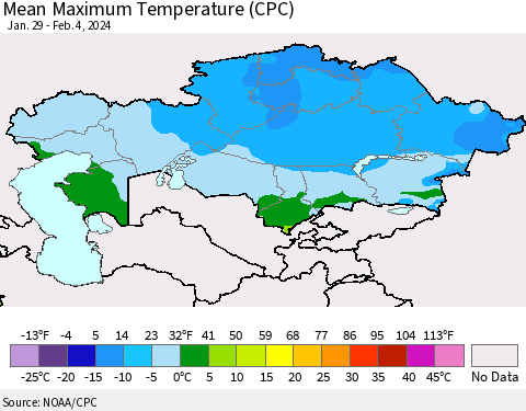 Kazakhstan Mean Maximum Temperature (CPC) Thematic Map For 1/29/2024 - 2/4/2024