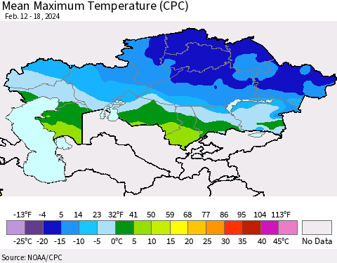 Kazakhstan Mean Maximum Temperature (CPC) Thematic Map For 2/12/2024 - 2/18/2024