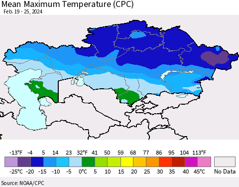 Kazakhstan Mean Maximum Temperature (CPC) Thematic Map For 2/19/2024 - 2/25/2024