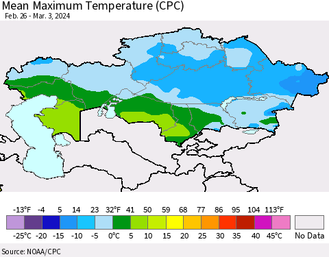 Kazakhstan Mean Maximum Temperature (CPC) Thematic Map For 2/26/2024 - 3/3/2024