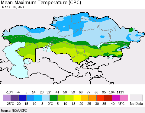Kazakhstan Mean Maximum Temperature (CPC) Thematic Map For 3/4/2024 - 3/10/2024