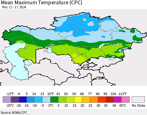 Kazakhstan Mean Maximum Temperature (CPC) Thematic Map For 3/11/2024 - 3/17/2024