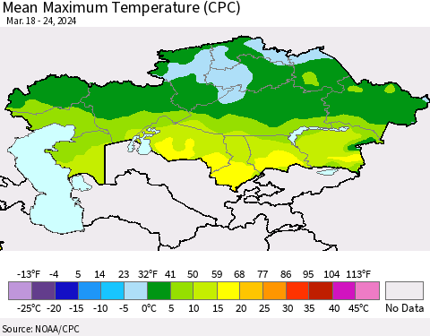 Kazakhstan Mean Maximum Temperature (CPC) Thematic Map For 3/18/2024 - 3/24/2024