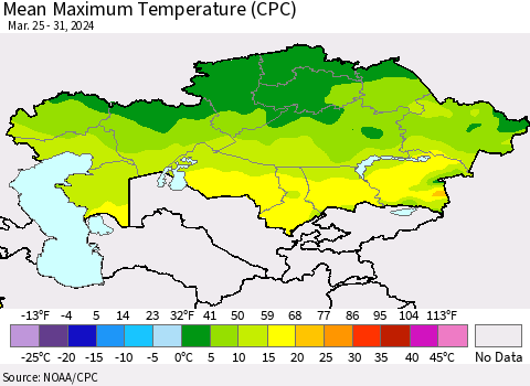 Kazakhstan Mean Maximum Temperature (CPC) Thematic Map For 3/25/2024 - 3/31/2024