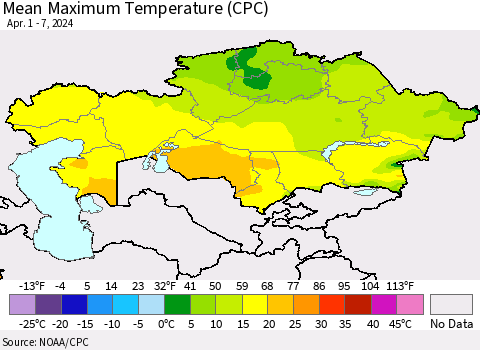 Kazakhstan Mean Maximum Temperature (CPC) Thematic Map For 4/1/2024 - 4/7/2024