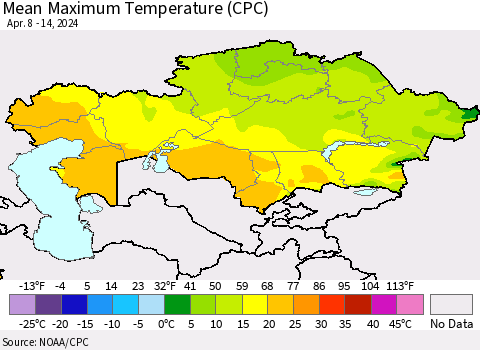 Kazakhstan Mean Maximum Temperature (CPC) Thematic Map For 4/8/2024 - 4/14/2024
