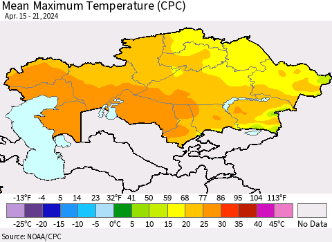 Kazakhstan Mean Maximum Temperature (CPC) Thematic Map For 4/15/2024 - 4/21/2024