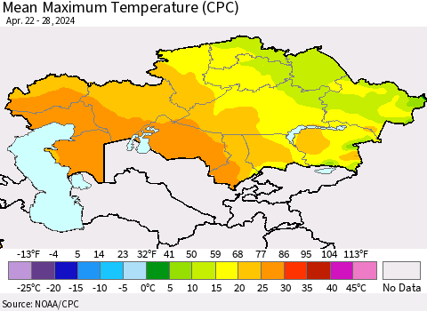 Kazakhstan Mean Maximum Temperature (CPC) Thematic Map For 4/22/2024 - 4/28/2024