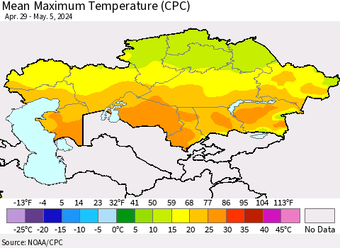 Kazakhstan Mean Maximum Temperature (CPC) Thematic Map For 4/29/2024 - 5/5/2024