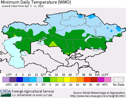 Kazakhstan Minimum Daily Temperature (WMO) Thematic Map For 4/5/2021 - 4/11/2021