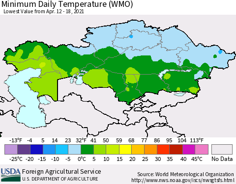 Kazakhstan Minimum Daily Temperature (WMO) Thematic Map For 4/12/2021 - 4/18/2021